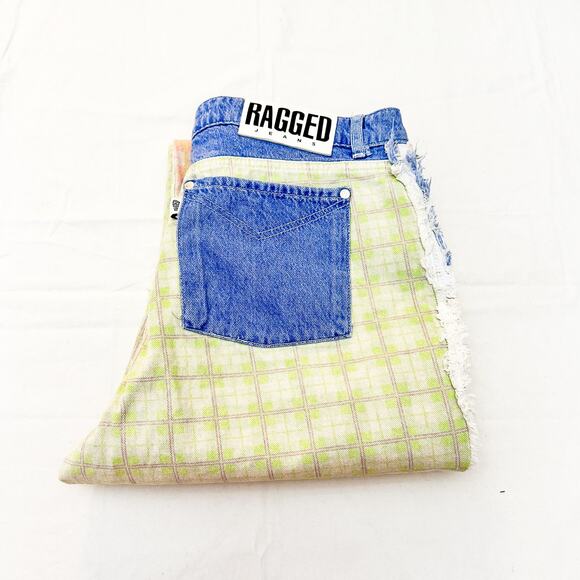 The Ragged Priest Jeans Patchwork Checkered Jeans Lime Green Salmon Blue Size 34 - Picture 1 of 9